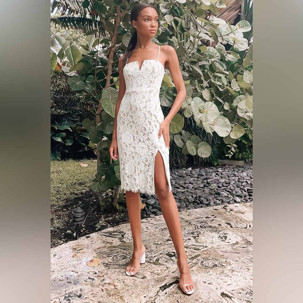 Amazing Allure White Crochet Lace Bodycon Midi Dress